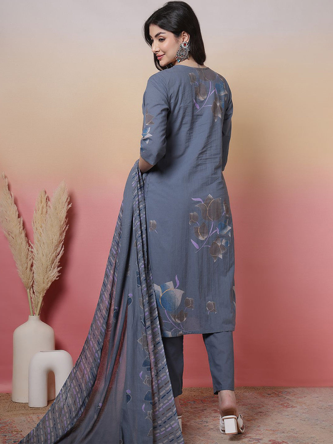 Floral Printed V-Neck Pure Cotton Straight Kurta With Trouser & Dupatta