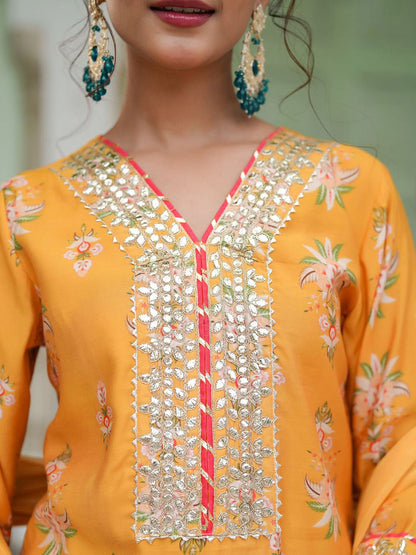 Dhiyona SC Women Mustard Chanderi Silk Floral Printed Sharara Set