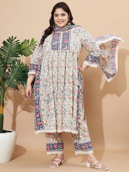 Dhiyona KL Women Floral Printed Regular Pure Cotton Kurta with Trousers & Dupatta