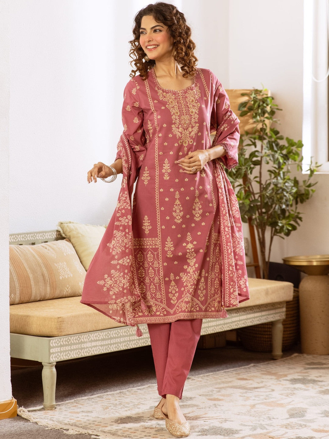 Printed Cotton Sweetheart Neck Kurta & Trousers With Dupatta