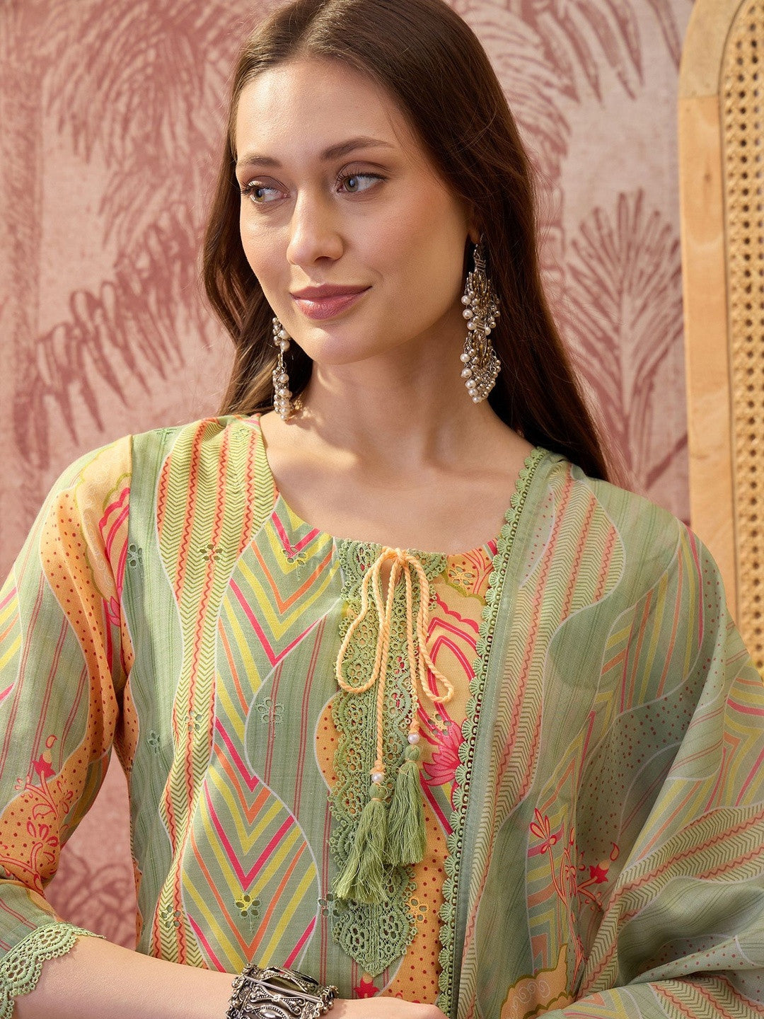 Floral Printed Round Neck Lace Hem Kurta & Trousers With Dupatta