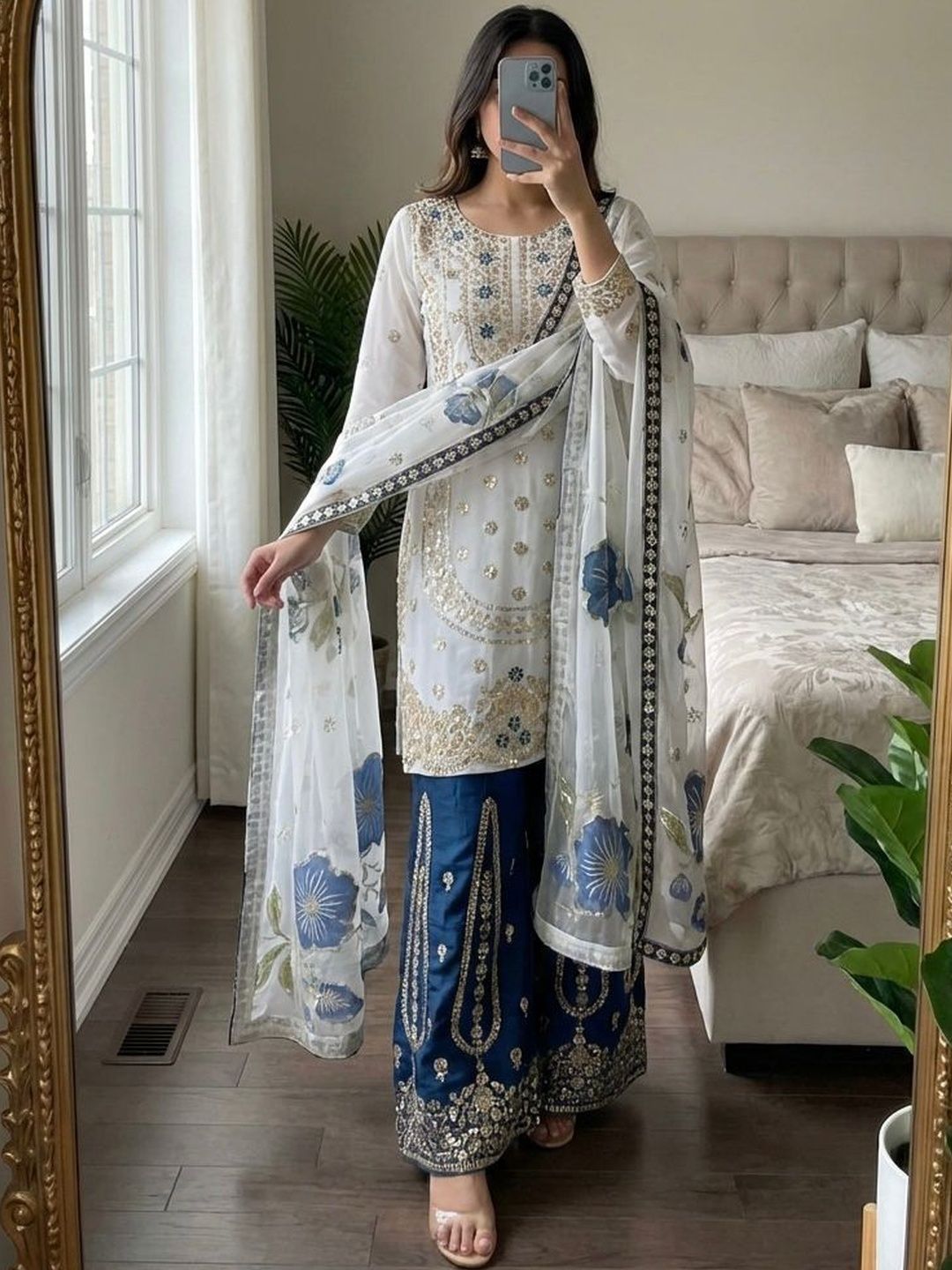 Dhiyona KL Women Ethnic Motifs Embroidered Regular Sequinned Kurta with Sharara & With Dupatta