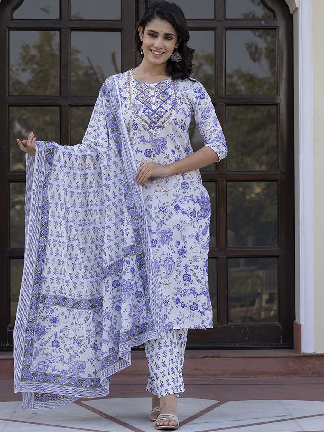 Dhiyona KL Paisley Printed Zari Pure Cotton Straight Kurta With Trouser & Dupatta