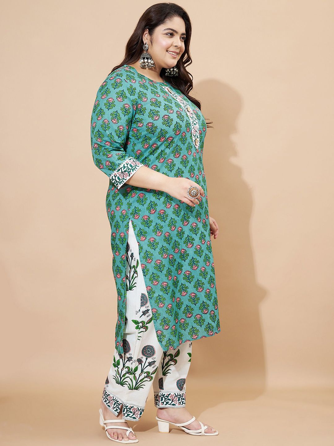 Dhiyona KL Floral Printed Pure Cotton Straight Kurta With Palazzos And Dupatta