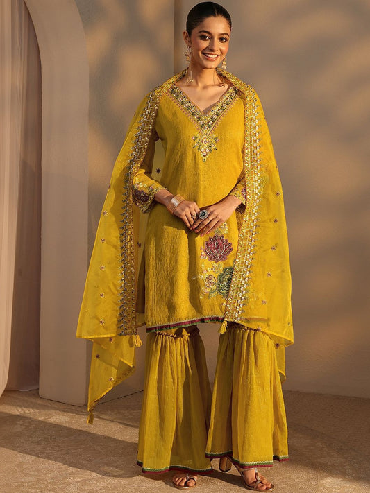 Women Embroidered Regular Silk Chiffon Kurta with Sharara & With Dupatta
