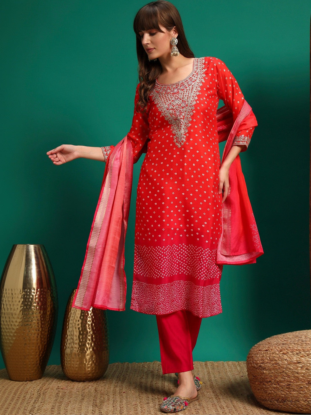 Women Ethnic Motifs Printed Regular Thread Work Kurta with Trousers & With Dupatta