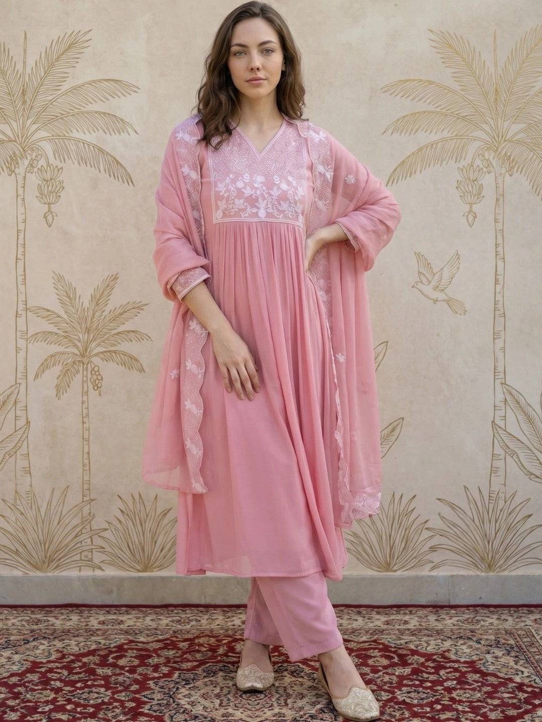 Women Ethnic Motifs Embroidered Empire Chikankari Kurta with Trousers & With Dupatta