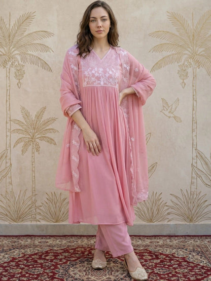 Women Ethnic Motifs Embroidered Empire Chikankari Kurta with Trousers & With Dupatta