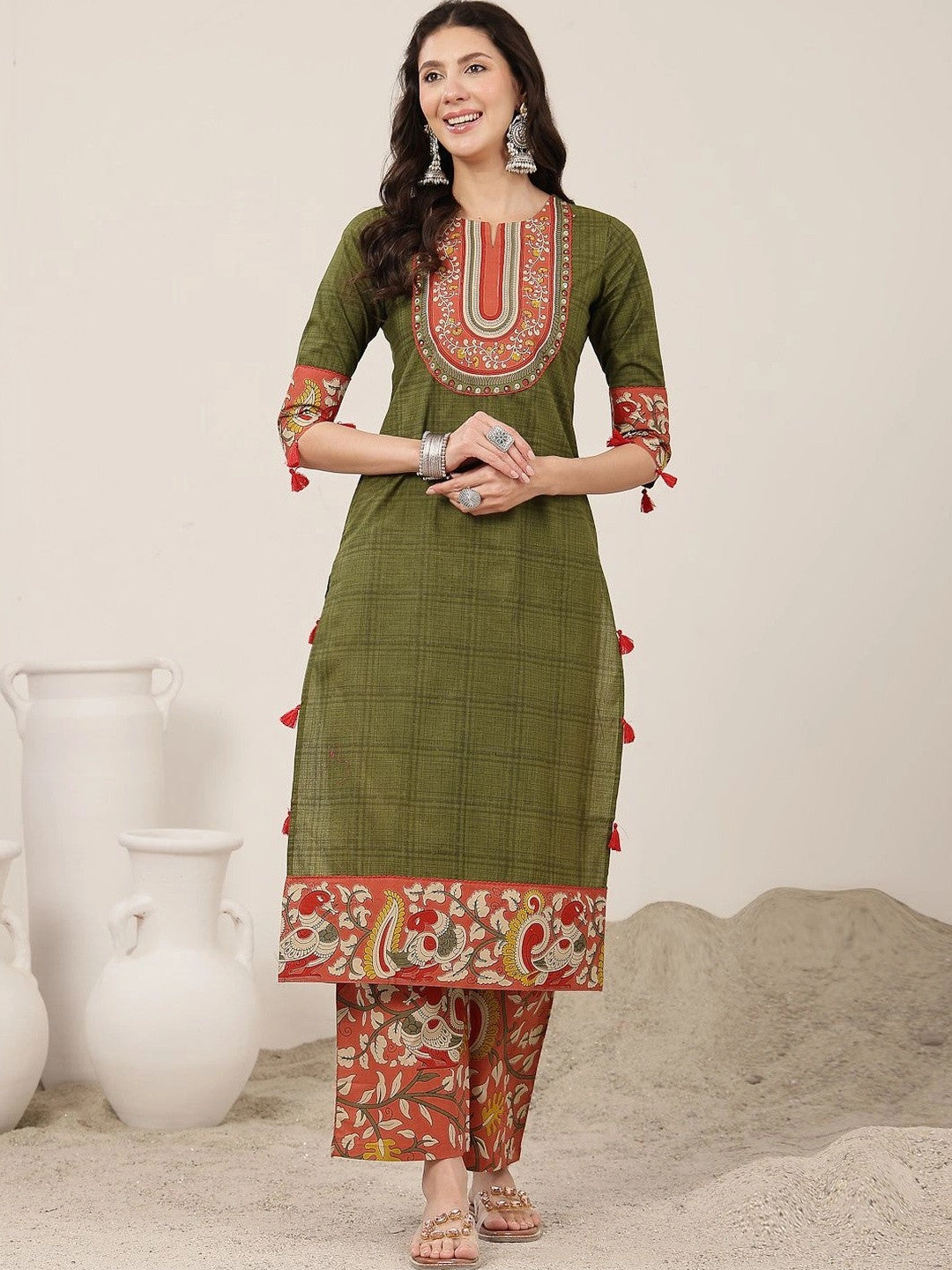 Women Ethnic Motifs Regular Pure Cotton Kurta with Trousers & With Dupatta