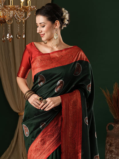 Women's Silk Blend Green Woven Design Designer Saree With Blouse Piece