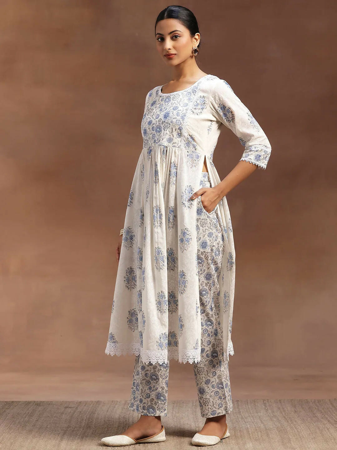 Women's LB White Printed Cotton A-line Kurta With Trousers & Dupatta