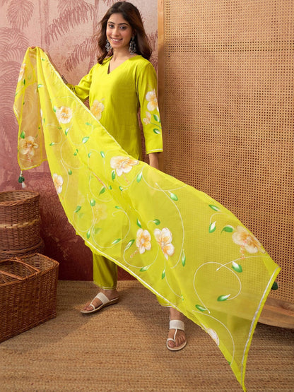 Hand block Printed V-Neck Kurta & Trousers With Dupatta
