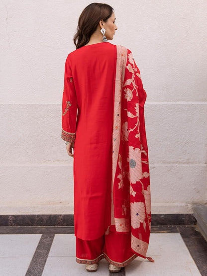 Dhiyona SN Embroidered Straight Kurta With Palazzos & Dupatta
