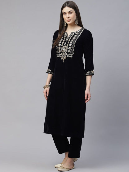 Dhiyona KL Women Ethnic Motifs Embroidered Regular Velvet Kurta with Trousers & Dupatta