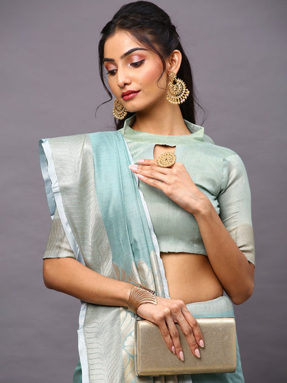 Women's Linen Blend Sea Green Woven Design Designer Saree With Blouse Piece