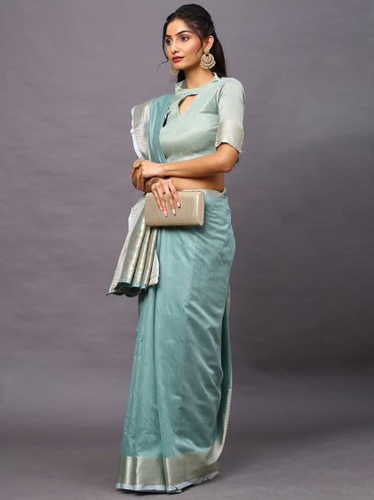 Women's Linen Blend Sea Green Woven Design Designer Saree With Blouse Piece