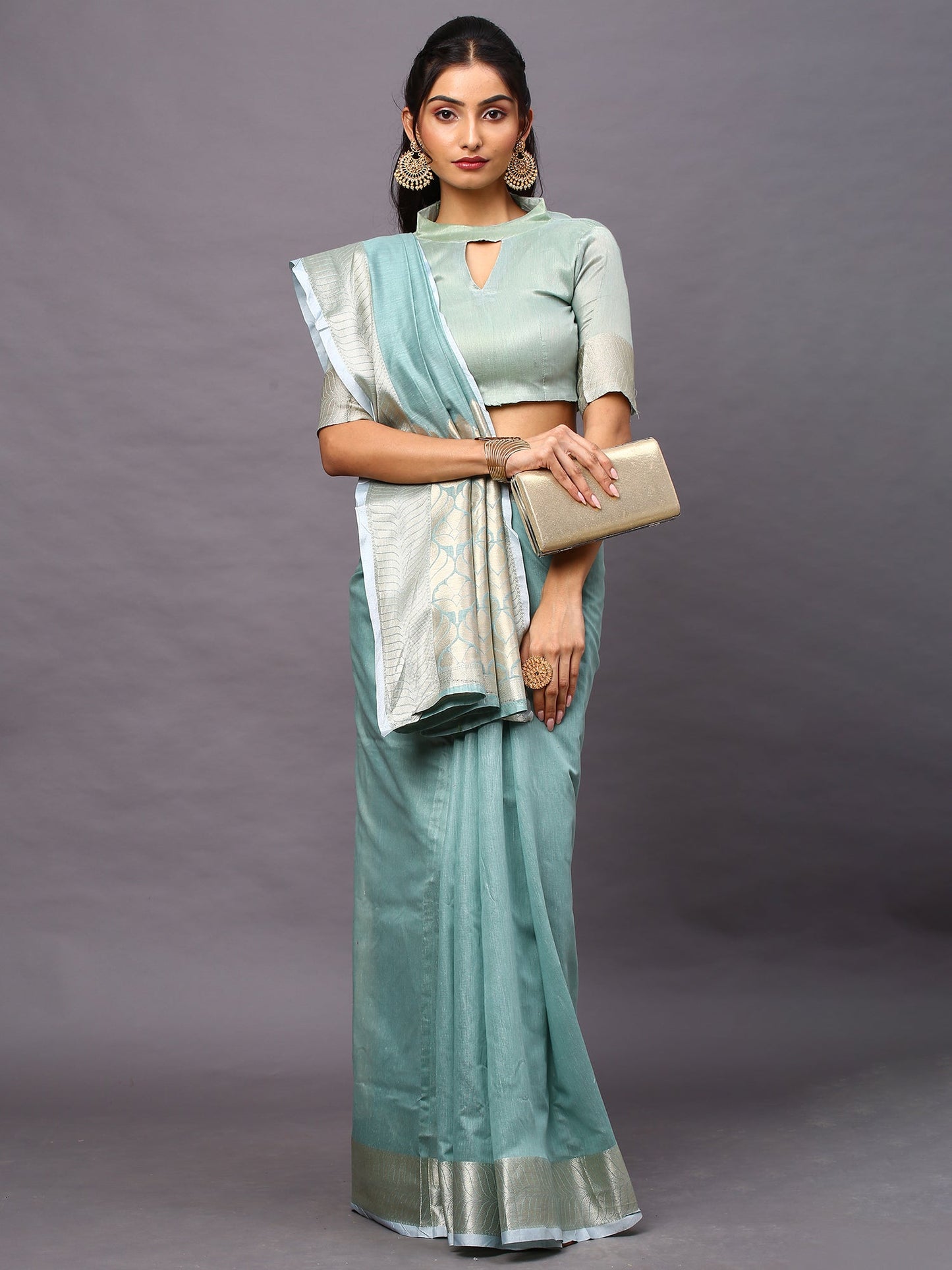 Women's Linen Blend Sea Green Woven Design Designer Saree With Blouse Piece