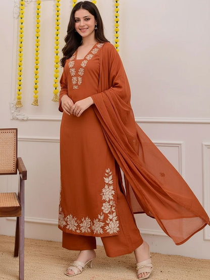 Dhiyona KL Women Floral Embroidered Regular Thread Work Kurta with Palazzos & With Dupatta