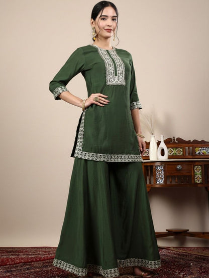 Dhiyona HOP Embroidered Round Neck Straight Kurti & Sharara With Dupatta