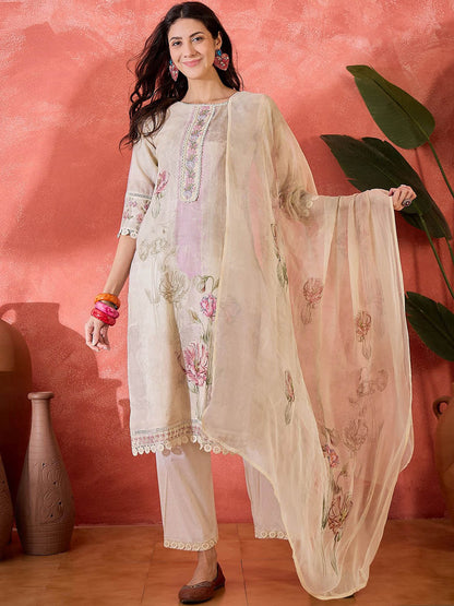 Women Floral Embroidered Linen Kurta with Trousers & Dupatta