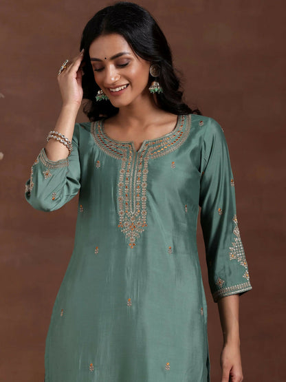 Women's LB Green Embroidered Silk Blend Straight Suit With Dupatta