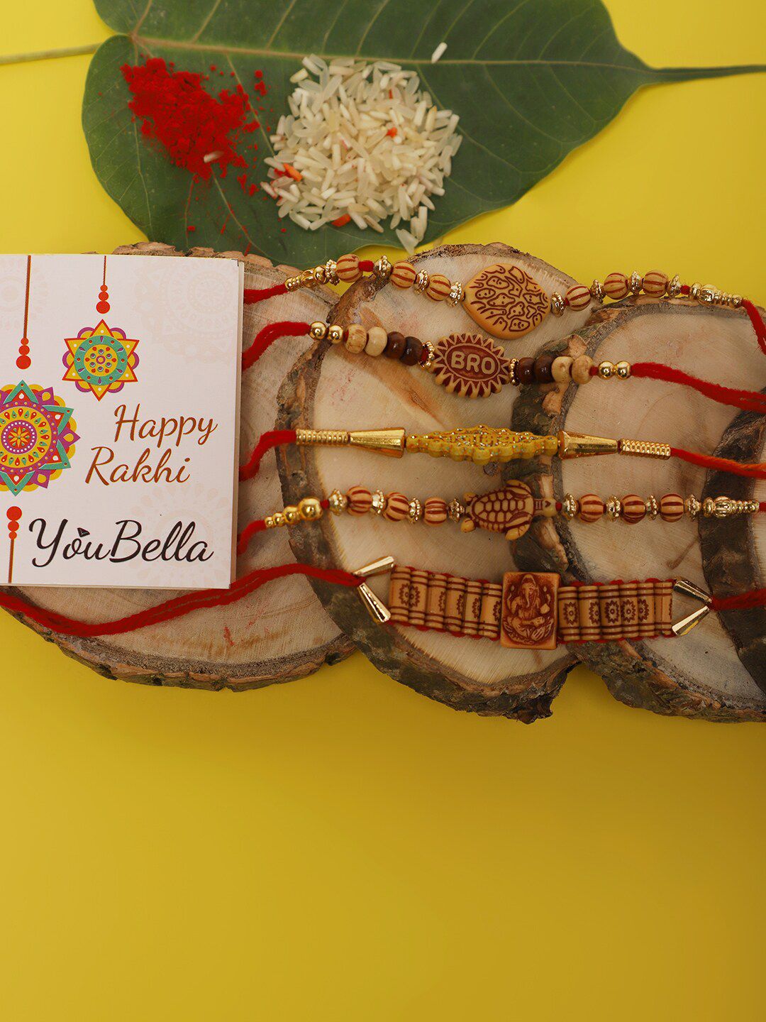 Dhiyona Set Of 5 Beaded Rakhis With Roli Rice & Greeting Card