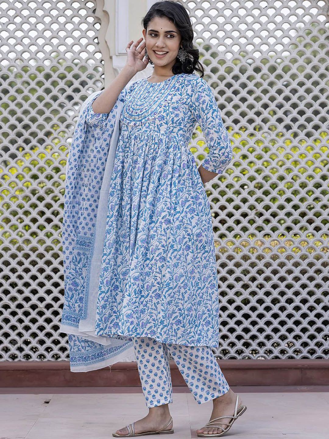 Dhiyona KL Floral Printed Mirror Work Anarkali Pure Cotton Kurta With Trousers & Dupatta