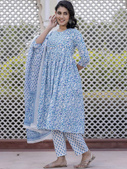 Dhiyona KL Floral Printed Mirror Work Anarkali Pure Cotton Kurta With Trousers & Dupatta