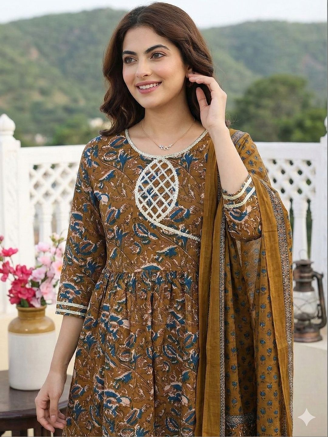 Dhiyona AN Women Floral Printed Angrakha Patchwork Pure Cotton Kurta with Sharara & With Dupatta