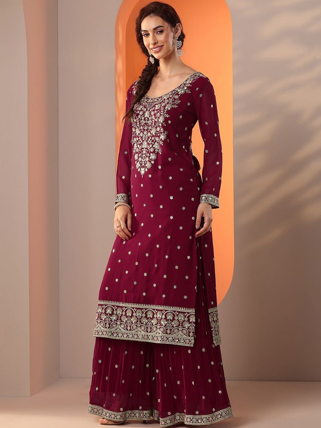 Dhiyona LL Women Ethnic Motifs Embroidered Regular Thread Work Kurta with Sharara & With Dupatta