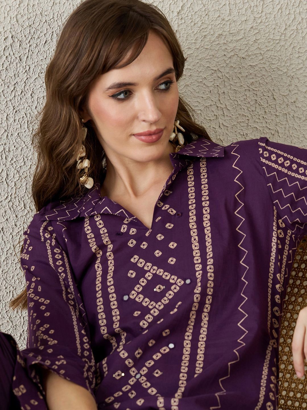 Dhiyona IE Bhandani Printed Pure Cotton Shirt Collar Top With Trousers Co-Ords
