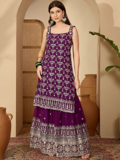Dhiyona SN Ethnic Motifs Embroidered Sequinned Straight Kurta with Sharara & Dupatta