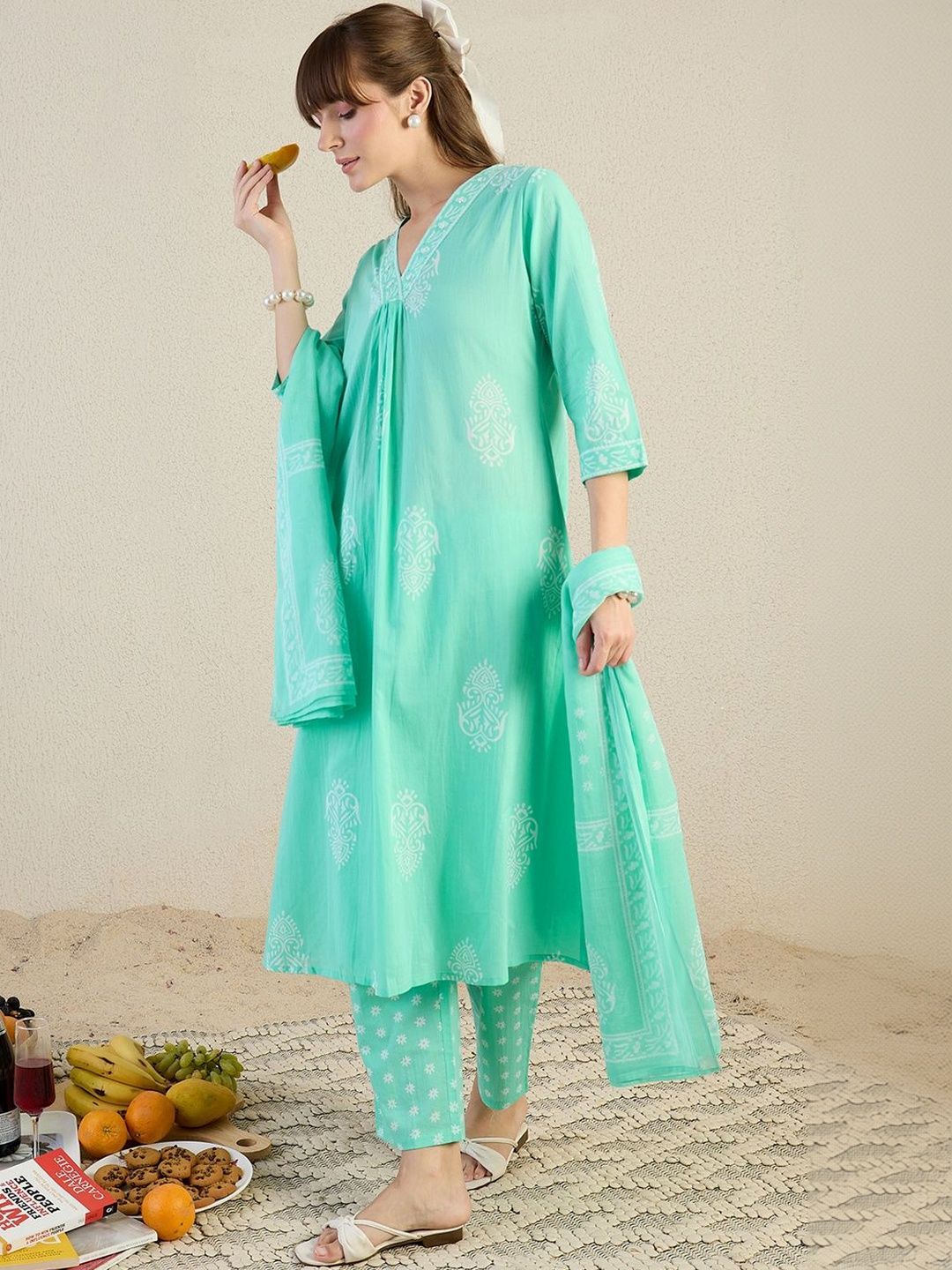 Women Ethnic Motifs Printed Regular Thread Work Pure Cotton Kurta with Trousers & With Dupatta
