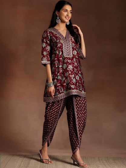 Women Floral Printed Regular Gotta Patti Kurti with Dhoti Pants & With Dupatta