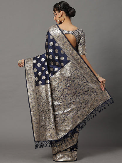 Women's Silk Blend Navy Blue Woven Design Woven saree With Blouse Piece