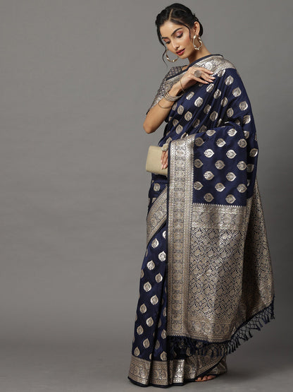Women's Silk Blend Navy Blue Woven Design Woven saree With Blouse Piece