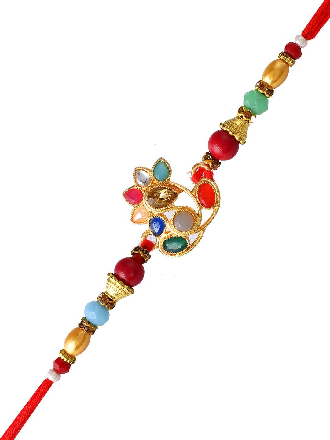 Dhiyona Red Beaded Embellished Rakhi With Roli Chawal & Greeting Card