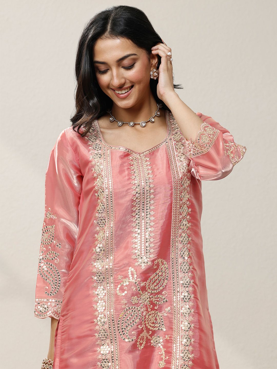 Dhiyona LL Women Ethnic Motifs Embroidered Regular Sequinned Kurta with Palazzos & With Dupatta