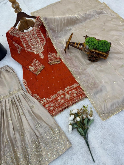 Dhiyona KL Women Ethnic Motifs Embroidered Regular Kurta with Sharara & With Dupatta
