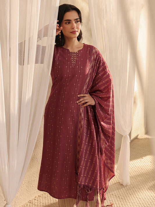 Rust Woven Design Woven Design Straight Suit Set With Dupatta