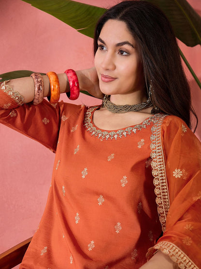 Dhiyona SN Women's Orange Ethnic Motifs Woven Design Sequinned Kurta With Trousers And Dupatta
