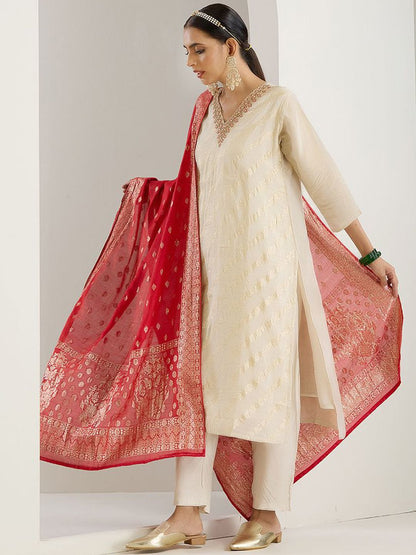 Dhiyona IS Women's White Floral Embroidered V-Neck Straight Kurta With Trousers & Dupatta