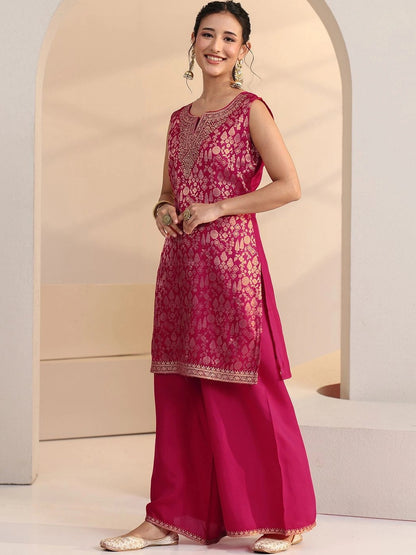 Rani Pink Woven Design Silk Blend Palazzo Suit Set