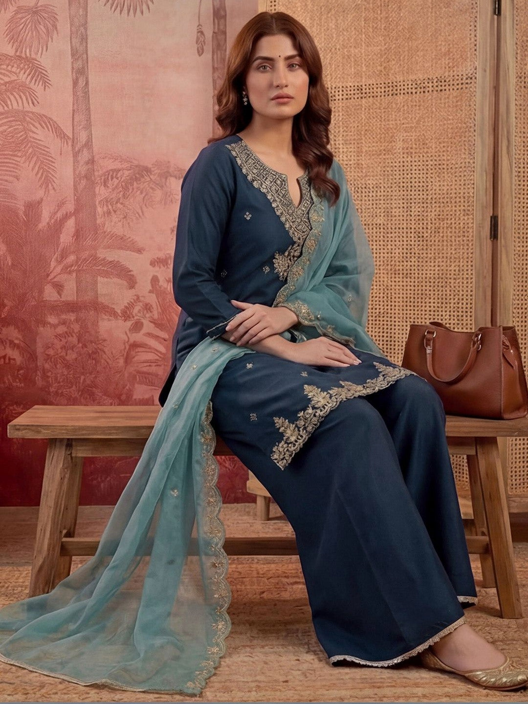 Embroidered Round Neck Kurta & Palazzos With Dupatta