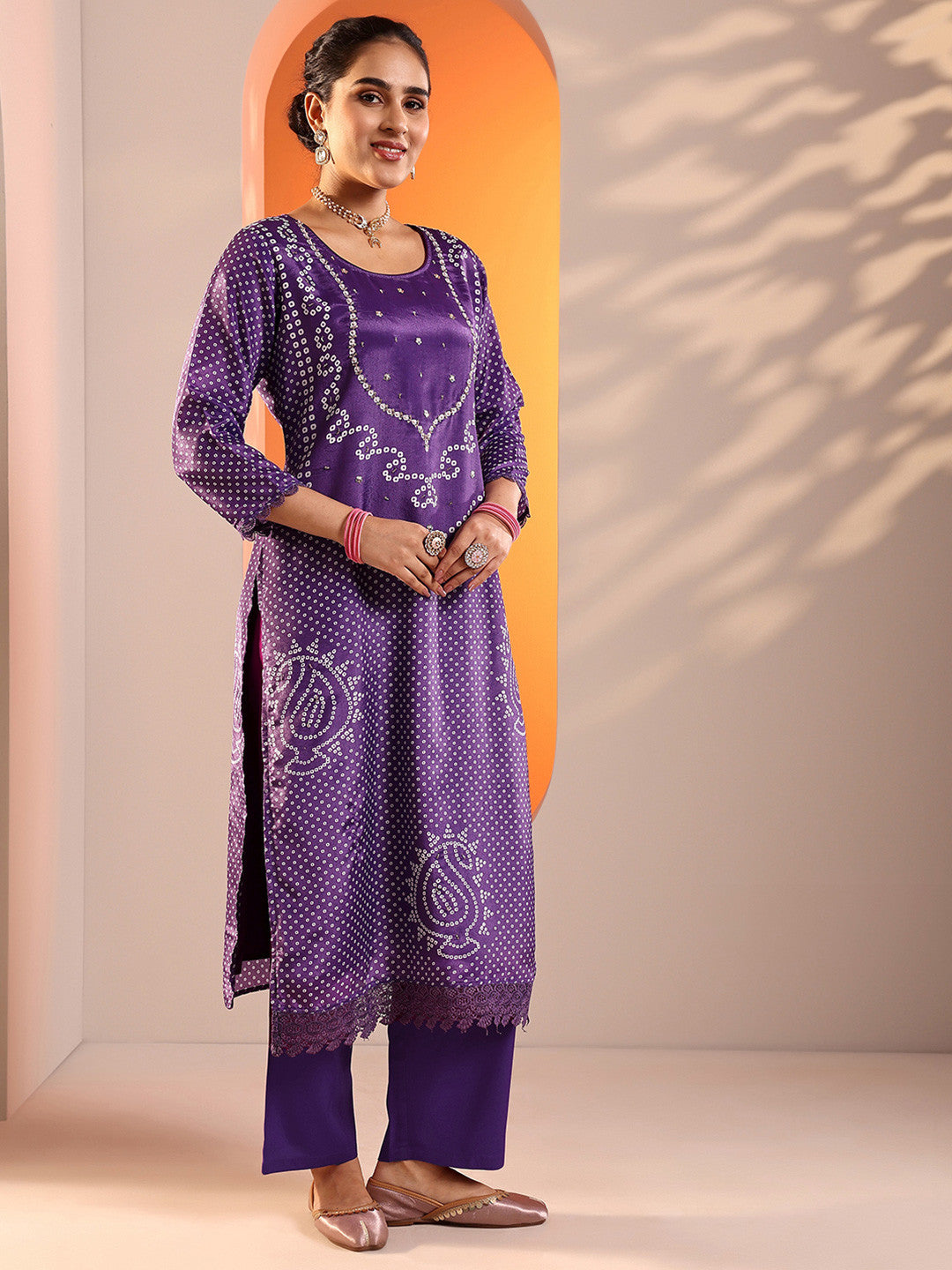 Women Bandhani Printed Regular Kurta with Trousers & Dupatta