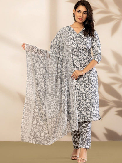 Women Floral Printed Regular Pure Cotton Kurta with Trousers & With Dupatta