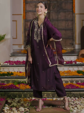 Women's Burgundy Embroidered Straight Kurta Trousers With Dupatta set