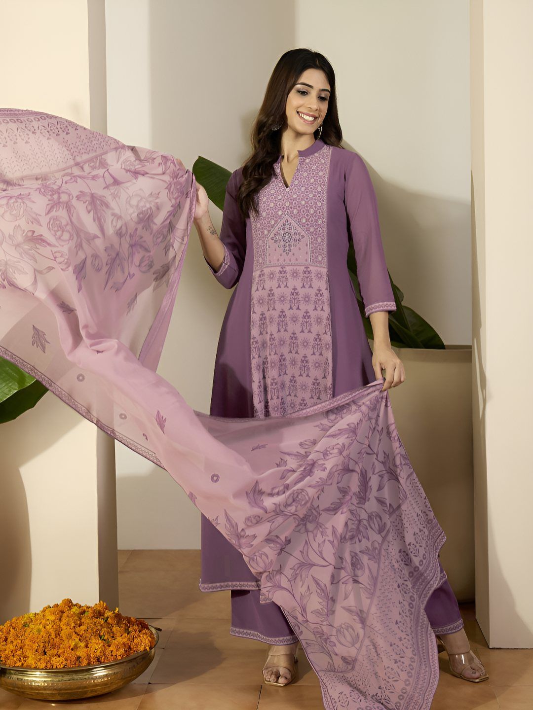 Dhiyona IN Women Floral Printed Anarkali Kurta with Palazzos & Dupatta