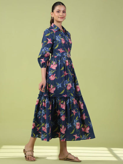 Dhiyona AY Women's Floral Printed Cotton Maxi Flared Ethnic Dress