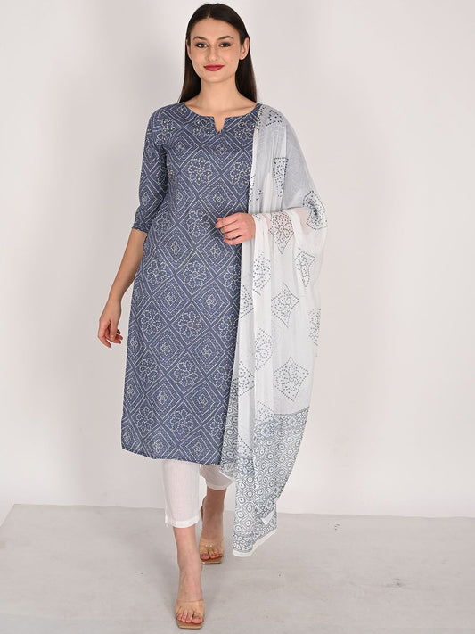 Dhiyona KL Floral Embroidered Notch Neck Pure Cotton Straight Kurta With Trouser & Dupatta